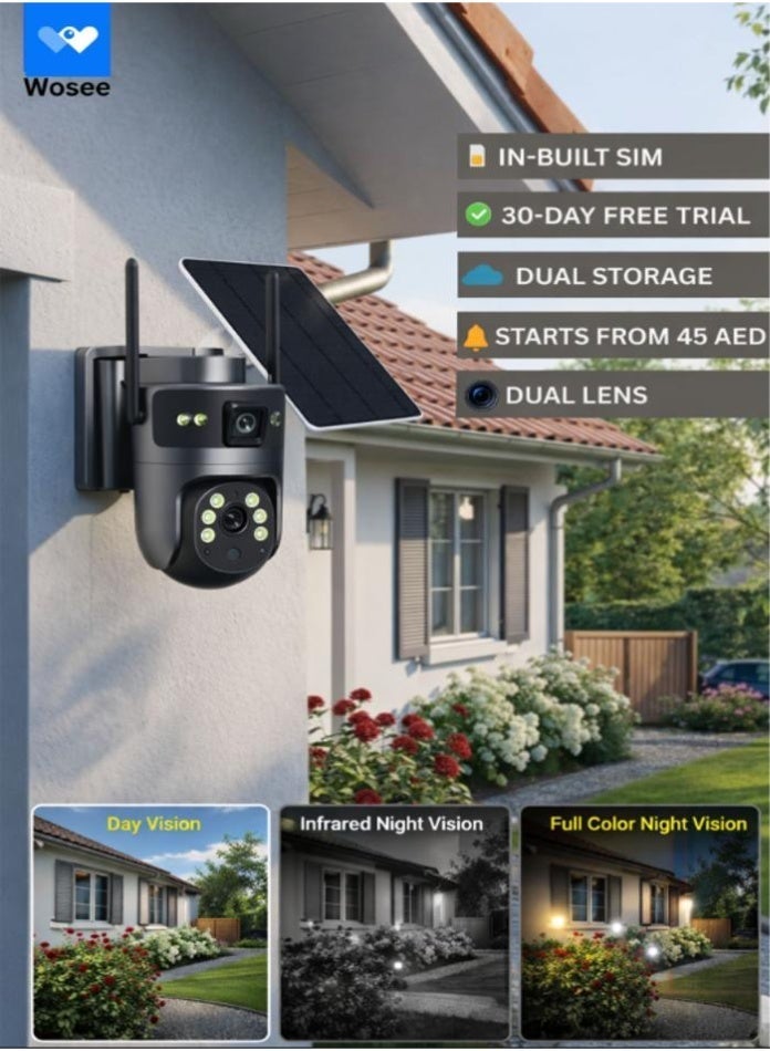 أنا أرى كاميرا مراقبة خارجية تعمل بالطاقة الشمسية بدقة 8 ميجابكسل، تدعم شبكة الجيل الرابع LTE، عدسة مزدوجة بدقة 2K، رؤية مزدوجة، تحكم PTZ بزاوية 360 درجة، تسجيل متواصل على مدار الساعة، تتبع بشري بالذكاء الاصطناعي، كشف حركة بالأشعة تحت الحمراء، رؤية ليلية ملونة، صوت ثنائي الاتجاه، مقاومة للماء والغبار بمعيار IP66، شريحة SIM مدمجة وبيانات تجريبية متضمنة - Image 1